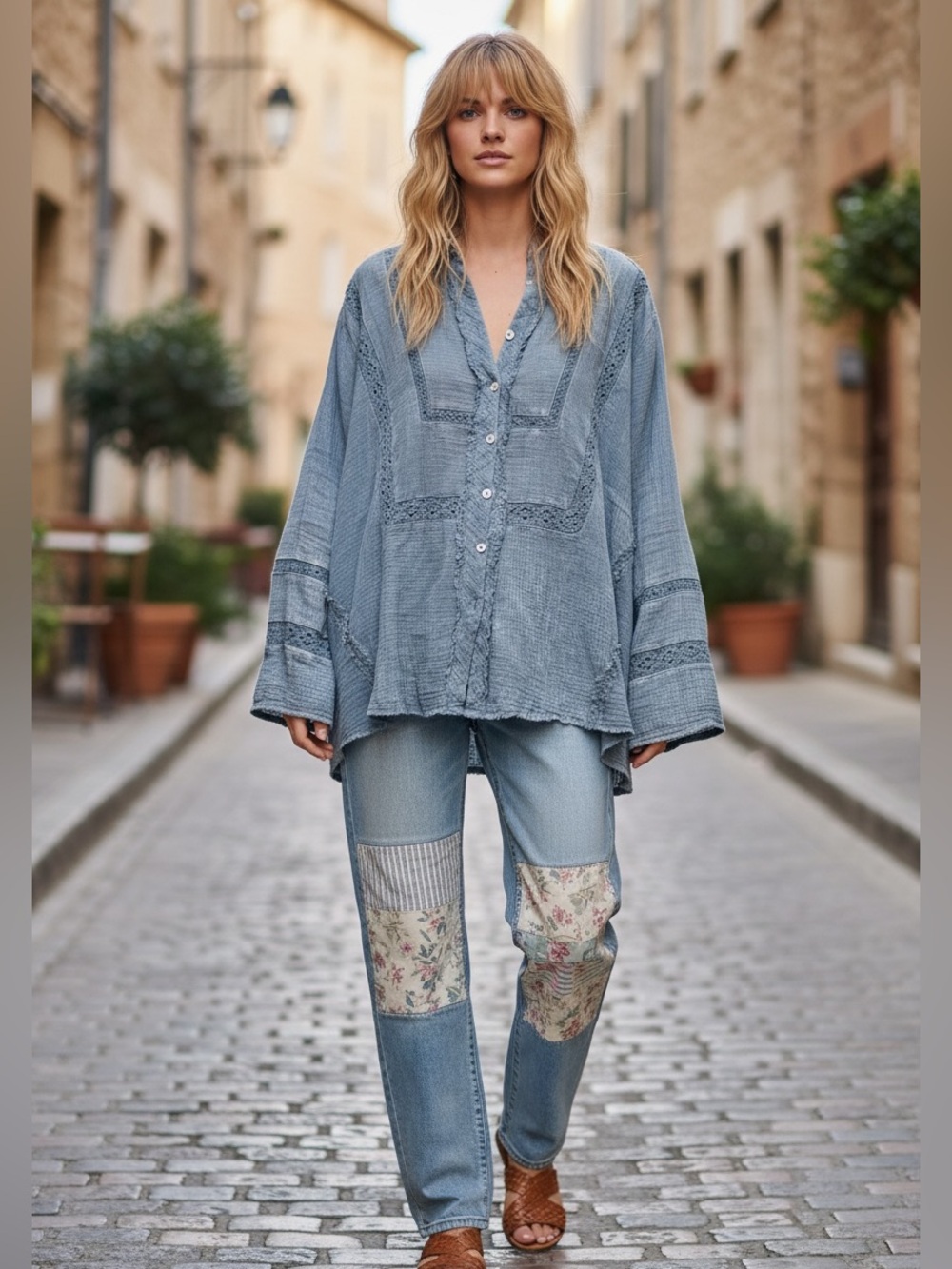 2031. Gauzy cotton lace accent button down oversized top in blue